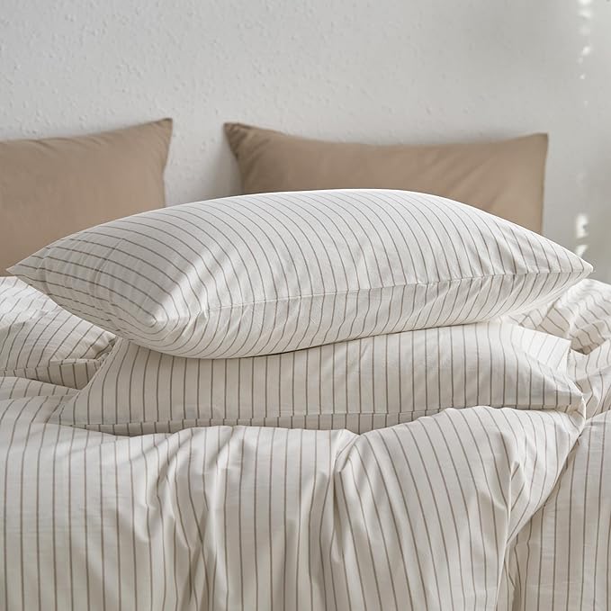 MooMee Bedding Pillowcases Striped Pack of 2 100% Washed Cotton Linen Like Textured Breathable Durable Soft Comfy (White Tannish Linen Grey Wide Stripes, Queen)