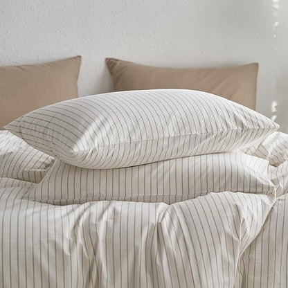 MooMee Bedding Pillowcases Striped Pack of 2 100% Washed Cotton Linen Like Textured Breathable Durable Soft Comfy (White Tannish Linen Grey Wide Stripes, Queen)