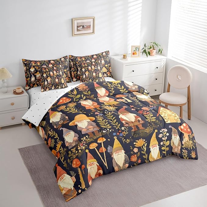 Retro Farmhouse Gnome Comforter Set 7 Pieces,Jungle Botanical Flowers Leaves Bed Set,Rustic Style Bedding Bed in a Bag,Twin (1 Comforter,2 Pillowcase,2 Pillow Covers,1 Flat Sheet,1 Fitted Sheet)