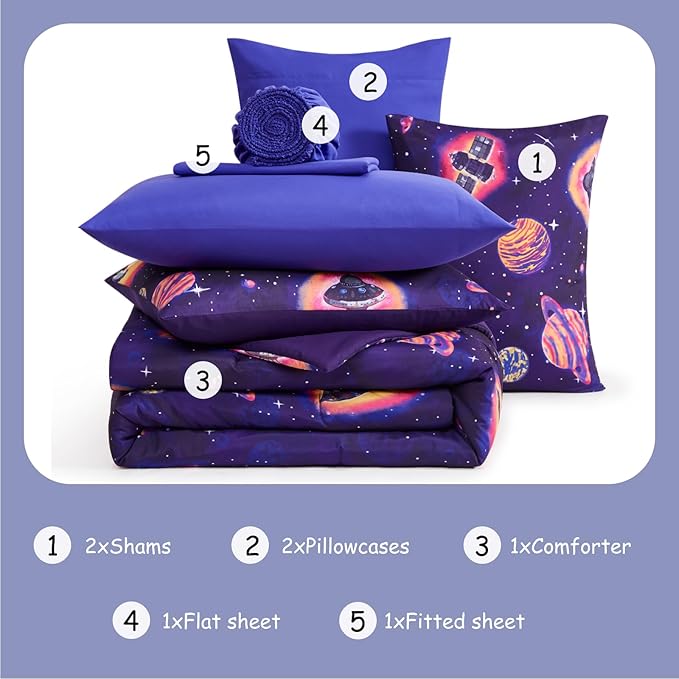Full Kids Comforter Set - 7 Pieces Full Bedding Sets for Boys Teen, Outer Space Rocket Bed in A Bag with Sheets