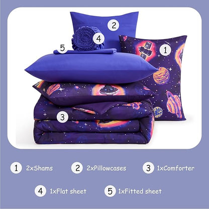 Full Kids Comforter Set - 7 Pieces Full Bedding Sets for Boys Teen, Outer Space Rocket Bed in A Bag with Sheets