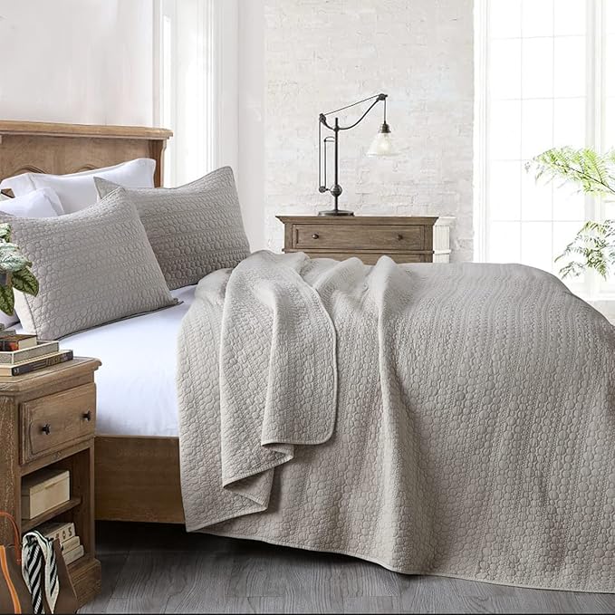 HORIMOTE HOME Quilt Set Queen Size Beige, Classic Geometric Spots Stitched Pattern, Stone-Washed Microfiber Chic Rustic Look, Ultra Soft Lightweight Quilted Bedspread for All Season, 3 Pieces