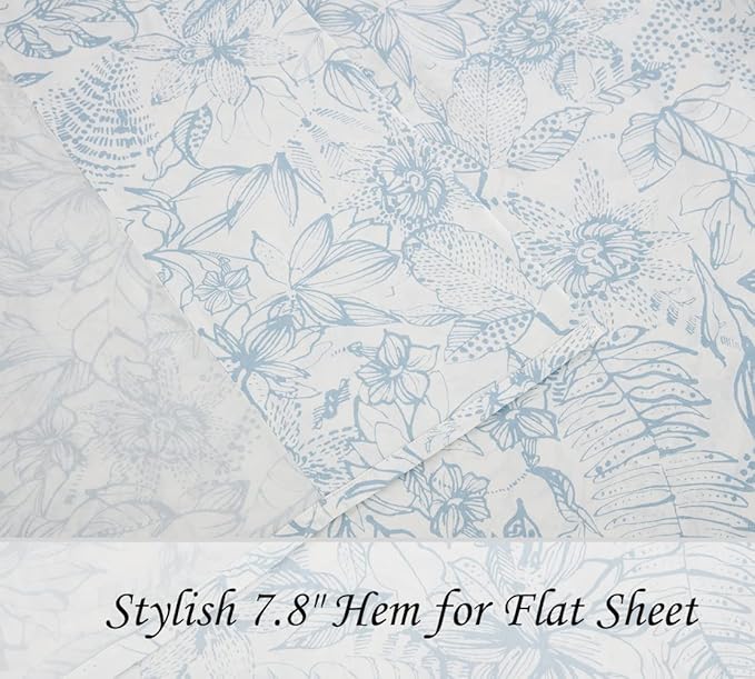 DAUAOTO Cotton Sheets Set Queen Size 4 Pieces Flower Bedding Sets, Aqua Blue Floral Pattern, Up to 14" Deep