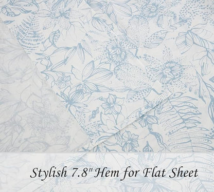 DAUAOTO Cotton Sheets Set Queen Size 4 Pieces Flower Bedding Sets, Aqua Blue Floral Pattern, Up to 14" Deep
