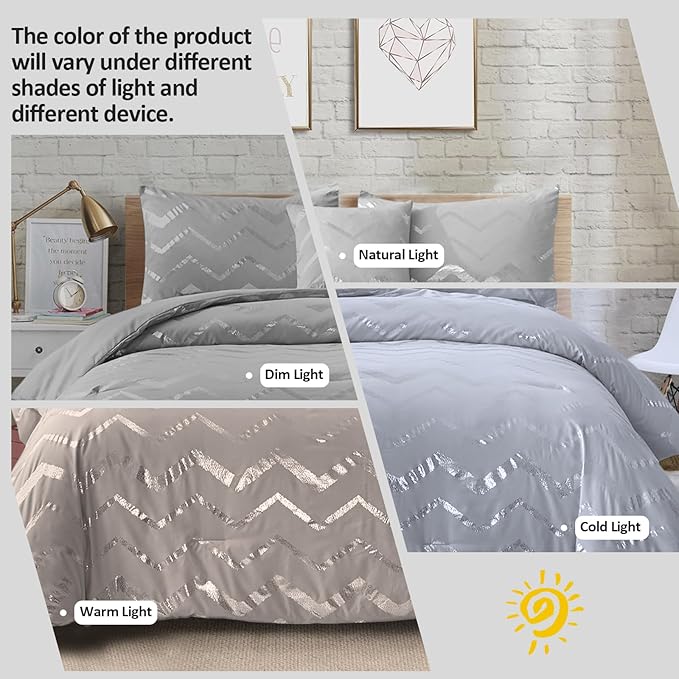 Menghomeus Grey and Silver Comforter Set King Metallic Print Geometric Bed Comforter 4 Piece Soft Microfiber Bedding for Teen Girls Boys Women (2 Pillow Shams + 1 Decorative Pillow Sham)