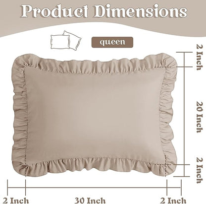 KKJIAF Ruffle Pillow Cases Queen Size Set of 2, Khaki Ruffled Pillow Covers with Envelope Closure, Wrinkle Resistant Pillowcases 20" x 30", Ruffled Pillow Shams