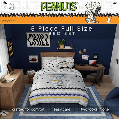 Peanuts Halloween Full Bed Set – Super Soft & Cozy 5 Piece Reversible Comforter and Sheet Set Featuring Snoopy & Charlie Brown, (Official Peanuts Product) by Franco