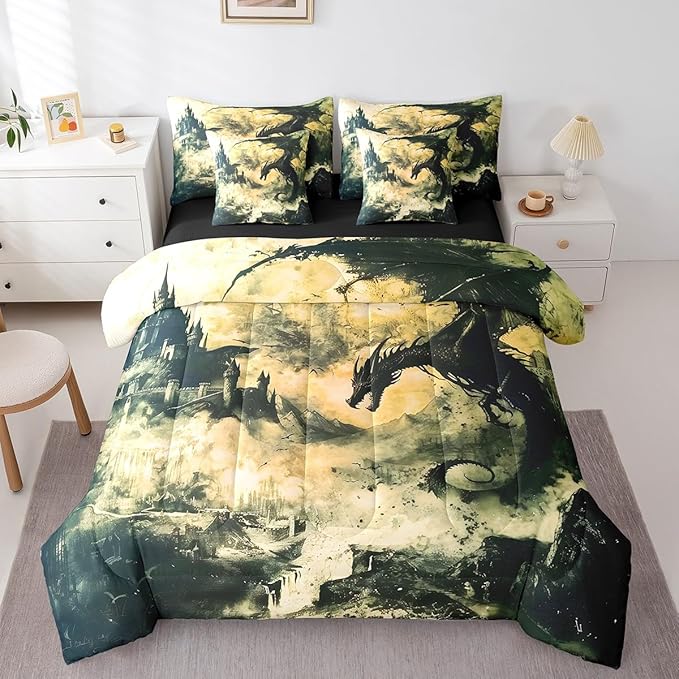 Erosebridal Gothic Dragon 7 Piece Comforter Set Full Bed in a Bag,Vintage Black Fantasy Castle Bedding Sets Prehistoric Antique Animal Sheet Set with Comforter