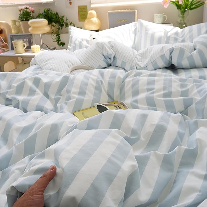 EAVD Retro Blue Striped Duvet Cover Twin Soft Washed Microfiber Reversible Vertical Striped Percale Bedding Set with 2 Pillowcases Farmhouse Geometric Pattern Duvet Cover with Zipper Closure