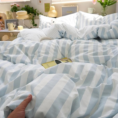 EAVD Retro Blue Striped Duvet Cover King Soft Washed Microfiber Reversible Vertical Striped Percale Bedding Set with 2 Pillowcases Farmhouse Geometric Duvet Cover with Zipper Closure