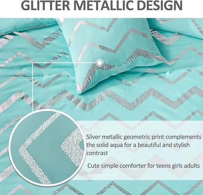 Menghomeus Aqua Comforter Set Twin XL Size Teal and Silver Bed Comforter 3 Piece Lightweight Microfiber Bedding for Teen Girls Boys (2 Pillow Cases + 1 Decorative Pillow Sham)