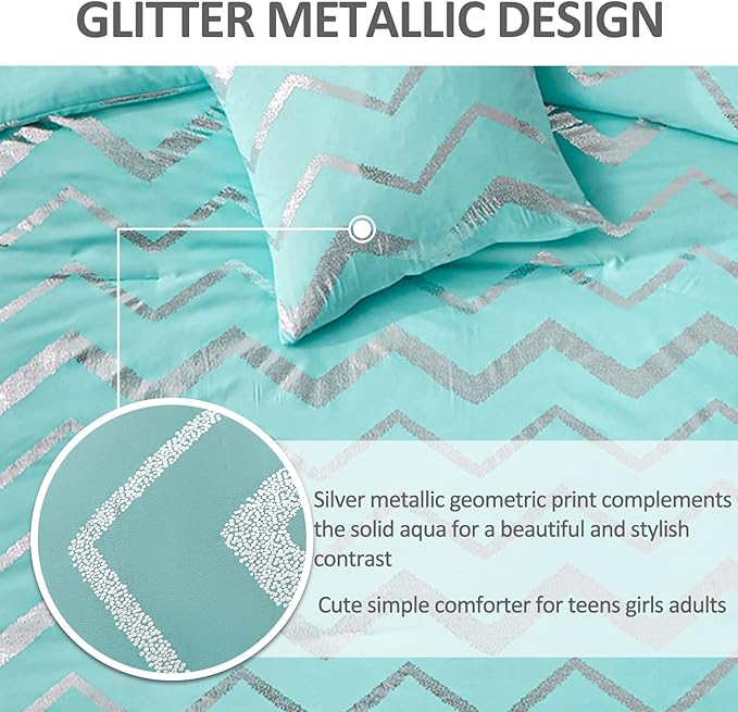 Menghomeus Aqua Comforter Set Queen Size Metallic Teal and Silver Bed Comforter 4 Piece Soft Microfiber Bedding for Teen Girls Women (2 Pillow Shams + 1 Decorative Pillow Sham)