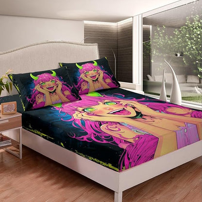 Erosebridal Anime Girl Bed Sheets Full Size, Japanese Anime Fitted Sheet for Kids Boys Teens Bedroom Decor, Cartoon Girl Bedding Set Kawaii Japanese Animation Bed Set with 2 Pillow Cases