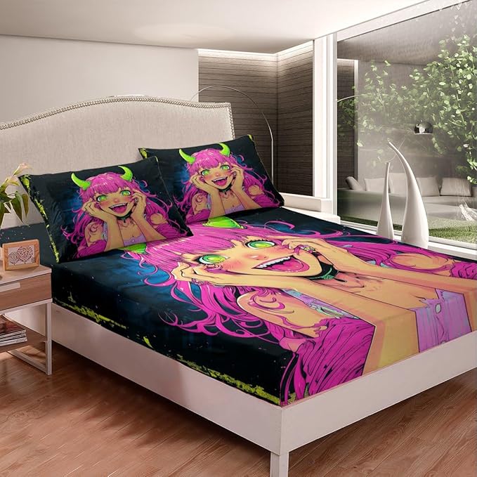 Erosebridal Anime Girl Bed Sheets Twin Size, Japanese Anime Fitted Sheet for Kids Boys Teens Bedroom Decor, Cartoon Girl Bedding Set Kawaii Japanese Animation Bed Set with 1 Pillow Case