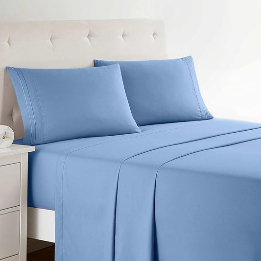 Clara Clark Bed Sheets, Premier 1800 Series 4 Piece Bed Sheet Set, Deep Pocket, Wrinkle, Fade, Stain Resistant, Luxury Soft Bedding Sheets & Pillowcases, Full, Blue Heaven
