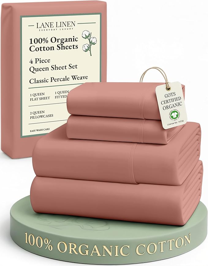 LANE LINEN 100% Organic Cotton Queen Sheets, Eco Friendly Mercerized Cotton Fully Elasticized Bedding Sheets & Pillowcase Set, Low Pill Fade Resistant Naturally Cooling Bedding Queen Size- Rose Dawn