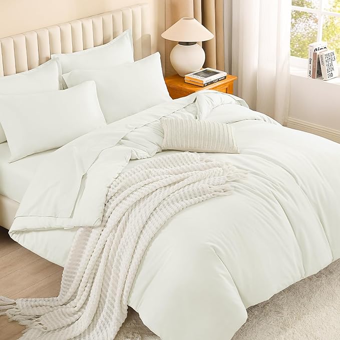 Litanika Queen Comforter Set Ivory - 7 Pieces Bed in a Bag Queen Bedding Comforter Sets, Solid Lightweight Bed Set with Comforter, Sheets, Pillowcases & Shams