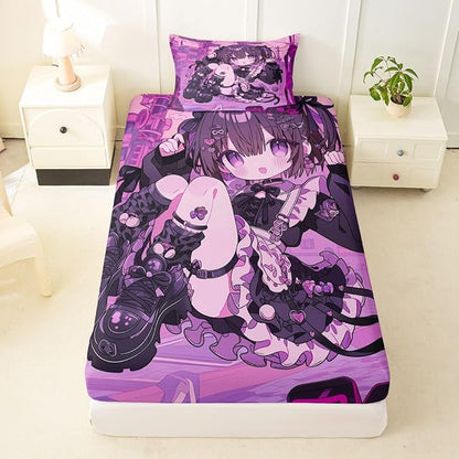 Erosebridal Kawaii Anime Girl Fitted Sheet Twin 3D Japanese Style Bed Sheets for Boys Girls Uniform Girls Bed Set Girly Anime Gift Sheets with 1 Pillowcase