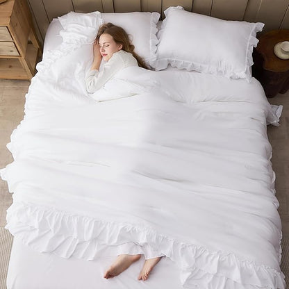 Andency White Comforter Set Queen Size, Lightweight Fluffy Farmhouse White Ruffle Bedding Set, Soft Polyester All Season Shabby Chic Bed Comforter Set 3 Pieces(1 Ruffle Comforter 2 Pillowcases)