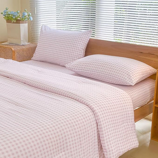NSNLGSGC King Size Comforter Set, Pink Gingham Bedding Comforter Sets, Pink Grid Bed Comforter 3 Pieces (1 Comforter, 2 Pillowcases)