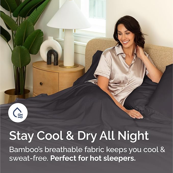 100% Rayon Derived From Bamboo - Bamboo Sheets Queen Size - Cooling Sheets for Queen - Soft, Breathable & Hotel Luxury Bedding - 1 Flat & 1 Fitted & 2 Pillowcases w/ 16 Inch Deep Pockets - Dark Grey
