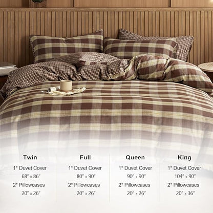 EAVD Vintage Yellow&Brown Plaid Duvet Cover Full Soft 100% Muslin Cotton Retro Grid Checkered Plaid Bedding Set with 2 Pillowcases Farmhouse Reversible Gingham Duvet Cover with Zipper Closure