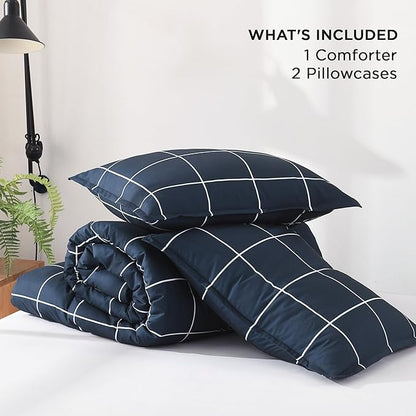 Andency Navy Plaid Comforter Full(79x90Inch), Dark Blue Grid Gingham Buffalo Plaid Bed Set for Boys Kids Teens, 3 Pieces Lightweight Polyester Geometric Preppy Bedding