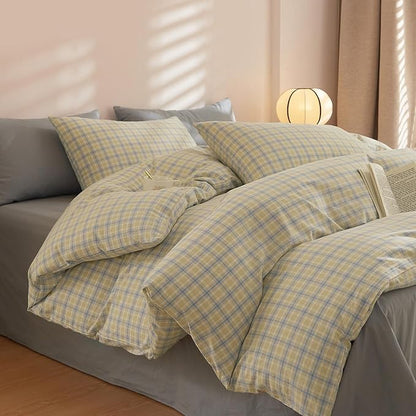 EAVD Blue Yellow Gingham Comforter Set Queen Soft Modern Grid Plaid Comforter Set 3 Pieces Reversible Grid Checkered Pattern Bedding with 2 Pillowcases Farmhouse Gingham Bedding Set for All-Season