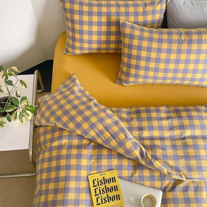 MKXI Purple & Yellow Plaid Duvet Cover Set - 3 Piece Washed Cotton Reversible Bedding King Soft Vintage Checkered Design with Zipper Closure & Corner Ties