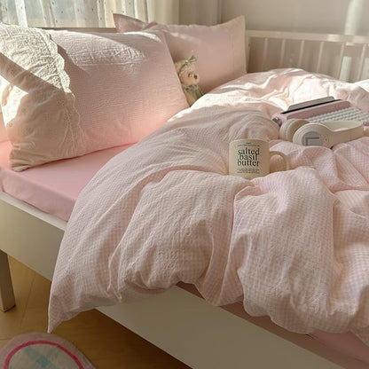 Pink Gingham Twin XL Comforter Fluffy Lightweight Bedding Set Farmhouse Boho Cozy Lace-Trimmed Bedding Comforter Set Down Alternative Microfiber Textured Plaid Comforter with 2 Pillowcases