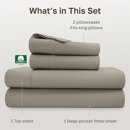 California Design Den King Bed Sheets Set - Soft 400 Thread Count Sateen, Natural 100% Cotton Sheets, Durable & Breathable Bedding with Deep Pockets - Taupe