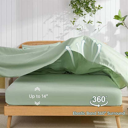 Luxudecor Floral Comforter Set King Size 7 Pieces, Green Flower with Bird Bed in a Bag, Soft Reversible Comforter with Sheet Bed Set 104"x90"