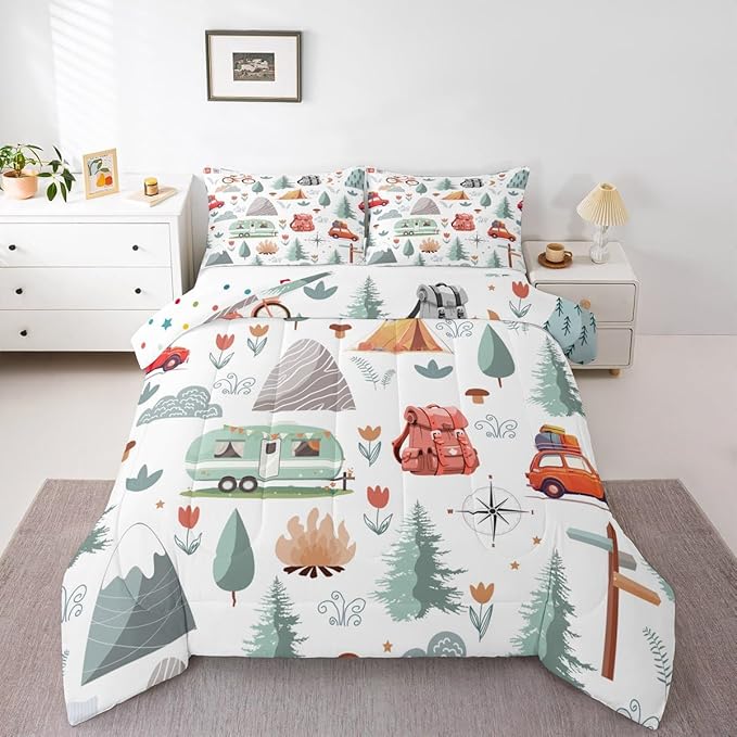 Kids Happy Camping Comforter Set Queen, Camper Bedding for Travel Trailers, Travel Car Rv Down Comforter, Botanical Floral Mountain Adventure Quilt, Cartoon Camper Car Duvet Insert Bedroom Decor 3Pcs