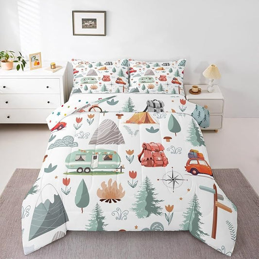 Kids Camping Comforter Set King, Car Bedding Set for Boys Girls, Travel Car Camper Accessories Bed Set, Botanical Floral Mountain Adventure Quilt, Cute Camper Duvet Insert Rv Decoration 3Pcs
