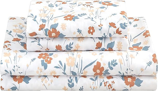 Softan Floral Twin Size Sheet Set, Orange Flower Printed Bed Sheets for Girls, 3-Piece Microfiber Single Fitted Sheet with 15" Deep Pocket & Non-Slip Straps, Patterned Bedding Sheets & Pillowcase Set
