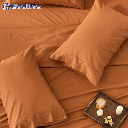 Bedlifes 100% French Pure Linen Sheets King Size Breathable and Cooling Flax Sheet Set Soft Durable and Moisture Wicking 16 Inch Deep Pocket-4 Piece(King,Brown)