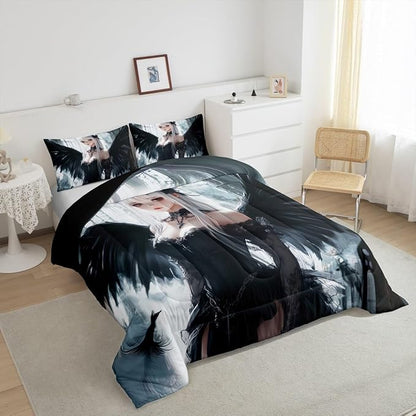 Erosebridal Anime Girl Bedding Set Queen Size, Kawaii Japanese Anime Comforter for Kids Boys Teens Adult, Cartoon Girl Quilt Japan Animation Bedroom Decor, Machine Washable, Black White