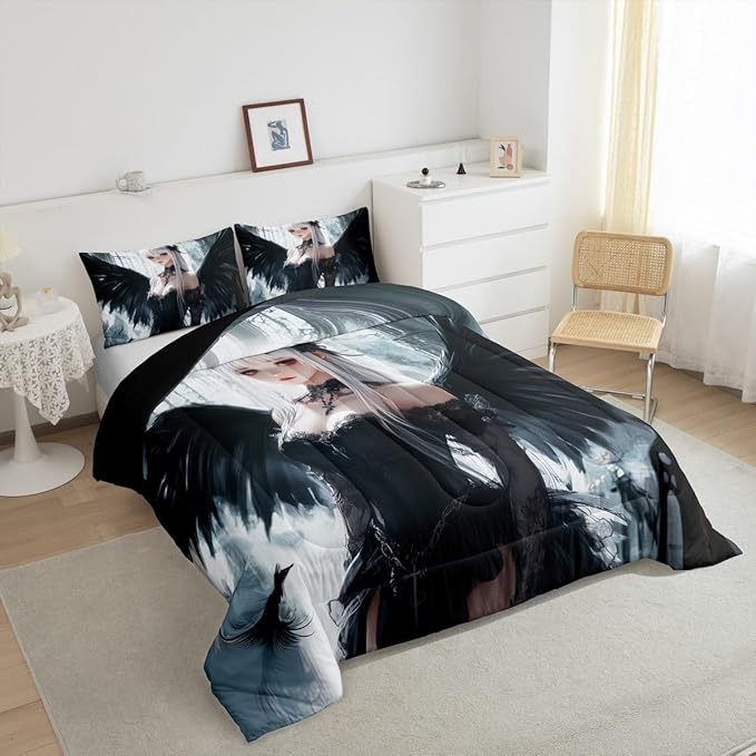 Erosebridal Anime Girl Bedding Set Toddler Size, Kawaii Japanese Anime Comforter for Kids Boys Teens Adult, Cartoon Girl Quilt Japan Animation Bedroom Decor, Machine Washable, Black White