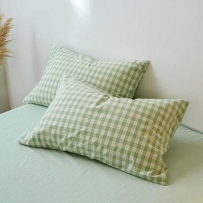 EAVD Vintage Style Green&White Plaid Gingham Duvet Cover King Soft 100% Washed Cotton Fresh Grid Checkered Gingham Bedding Set with 2 Pillowcases Farmhouse Green Plaid Duvet Cover with Zipper Closure