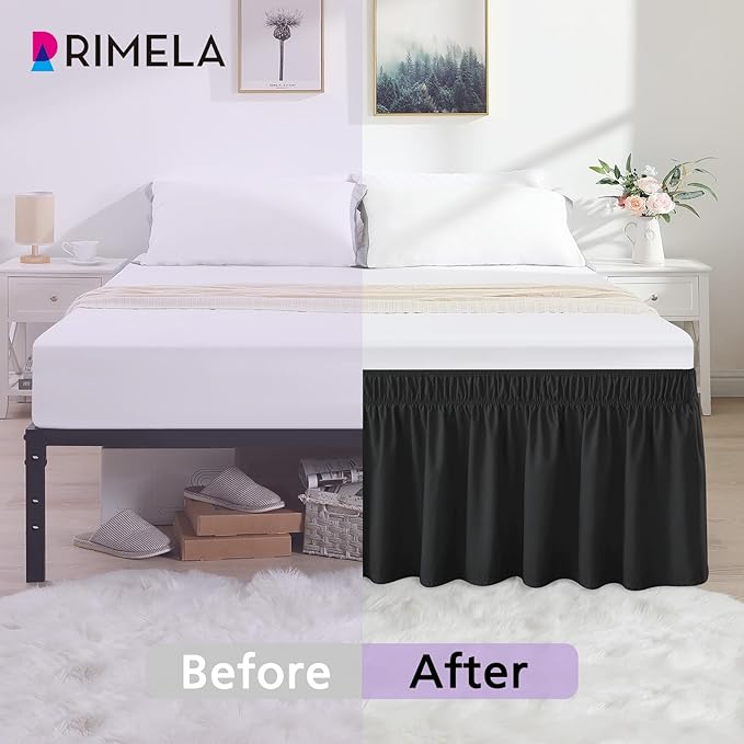 RIMELA Black Bed Skirt King Size 25 Inch Drop, Elastic Bed Skirting for Bed Base and Frame, Bedding Dust Ruffle Easy to Install, Lightweight Comforter Set with Wrap Around Adjustable Bedskirt
