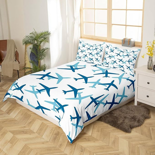Castle Fairy Kids Aircraft Bedding Set Cartoon Transportation Vehicles Duvet Cover Set Boys Airplane Comforter Cover Blue White Bedspread Cover Bedroom Quilt Cover Full with 2 Pillowcase,No Comforter