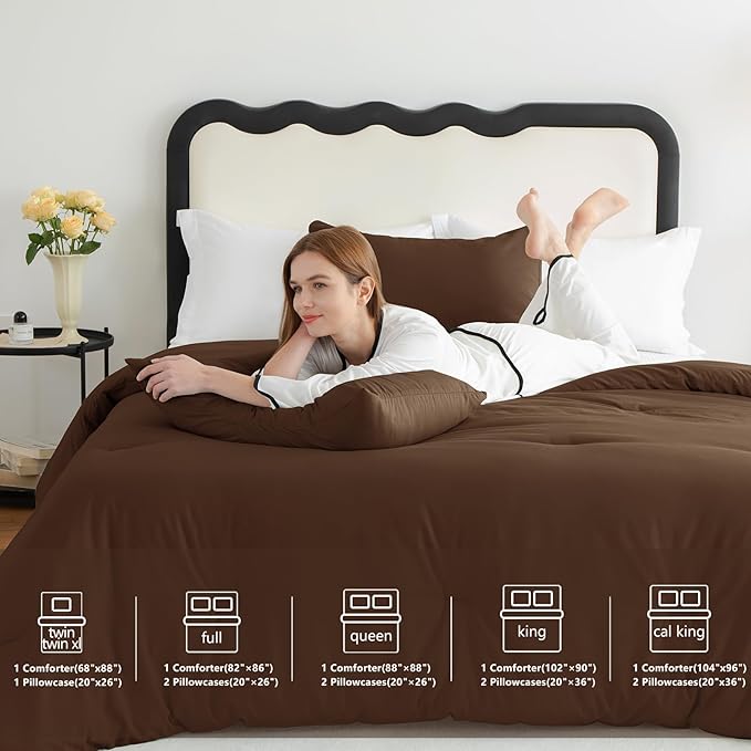 CozyLux Queen Comforter Set Brown, 3 Pieces Solid Comforters Queen Size Breathable Quilted Bedding Sets, Luxury Soft Lightweight Bed Set with Down Alternative Comforter and 2 Pillowcases All Seasons