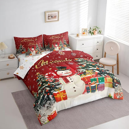 Castle Fairy Merry Christmas 7 PCS Comforter Set,Cartoon Snowman Christmas Trees Bedding Set for Kids Girls,Happy New Year Gifts Bed in a Bag with Comforter,Sheets and Pillow Cases,Full