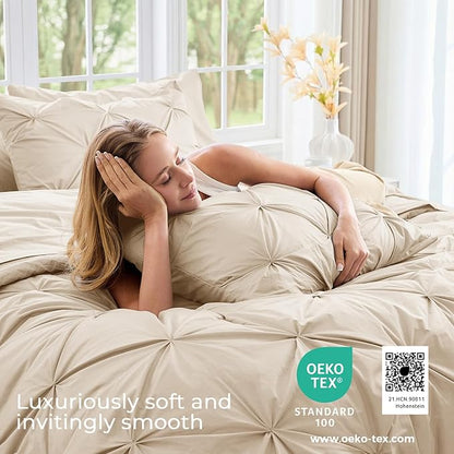 Sasttie King Size Comforter Set, 7-Piece Bed in a Bag, Pintuck Bedding Set for All Season, Includes Comforter, Flat Sheet, Fitted Sheet, Pillowcases and Pillowshams, Warm Beige