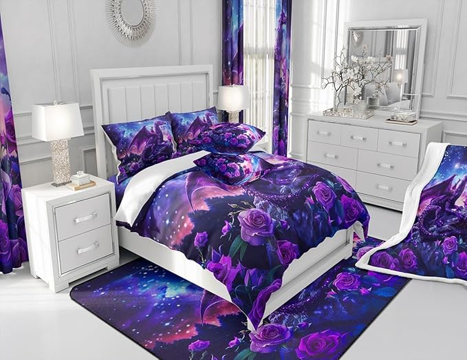 Purple Dragon Comforter Set Full Size,Galaxy Starry Sky Nebula Duvet Insert 3Pcs,Blossom Flower Rose Bedding Set for Kids Boys Girls Room Decor,Glitter Retro Wild Animal Quilt Set,2 Pillowcases