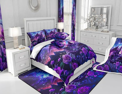 Purple Dragon Comforter Set King Size,Blossom Flower Rose Bedding Set for Kids Boys Girls Room Decor,Galaxy Starry Sky Nebula Duvet Insert 3Pcs,Glitter Retro Wild Animal Quilt Set,2 Pillowcases