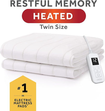 Sunbeam Electric Heated Mattress Pad Twin 75" x 39" 12 Heat Settings 12-Hour Auto Shut-Off Fast Heating Soft Cozy Fabric Deep Pocket Skirt Machine Washable