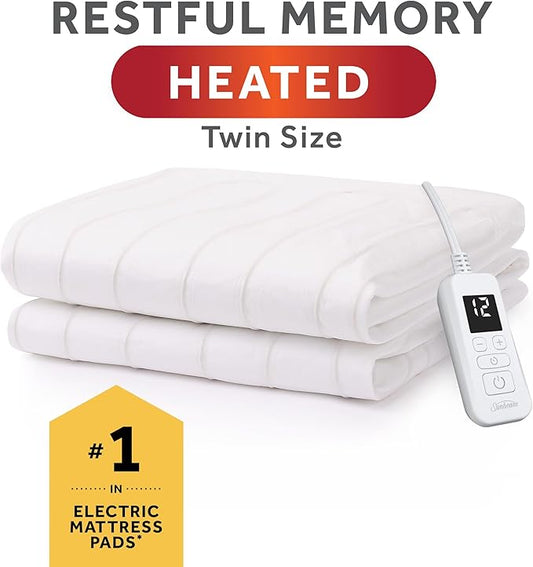 Sunbeam Electric Heated Mattress Pad Twin 75" x 39" 12 Heat Settings 12-Hour Auto Shut-Off Fast Heating Soft Cozy Fabric Deep Pocket Skirt Machine Washable