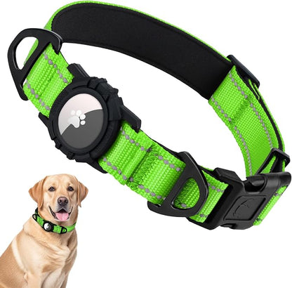 Taglory AirTag Dog Collar with Waterproof Holder for Large Dogs, Green, L | Reflective for Night Walks & Low-Light Safety, Track Your Pup Peace of Mind, Adjustable Soft Padded, No More Dangling Tags