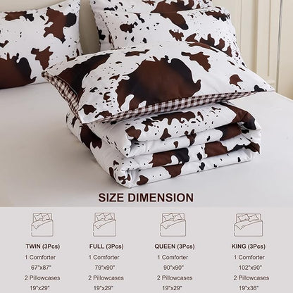 PERFEMET 3 Pieces Boys Twin Comforter Set, Brown White Cow Print Kids Bedding Set with Pillowcases, Geometric Reversible Western Style Bed Set for Teen Boy (Brown White, Twin)
